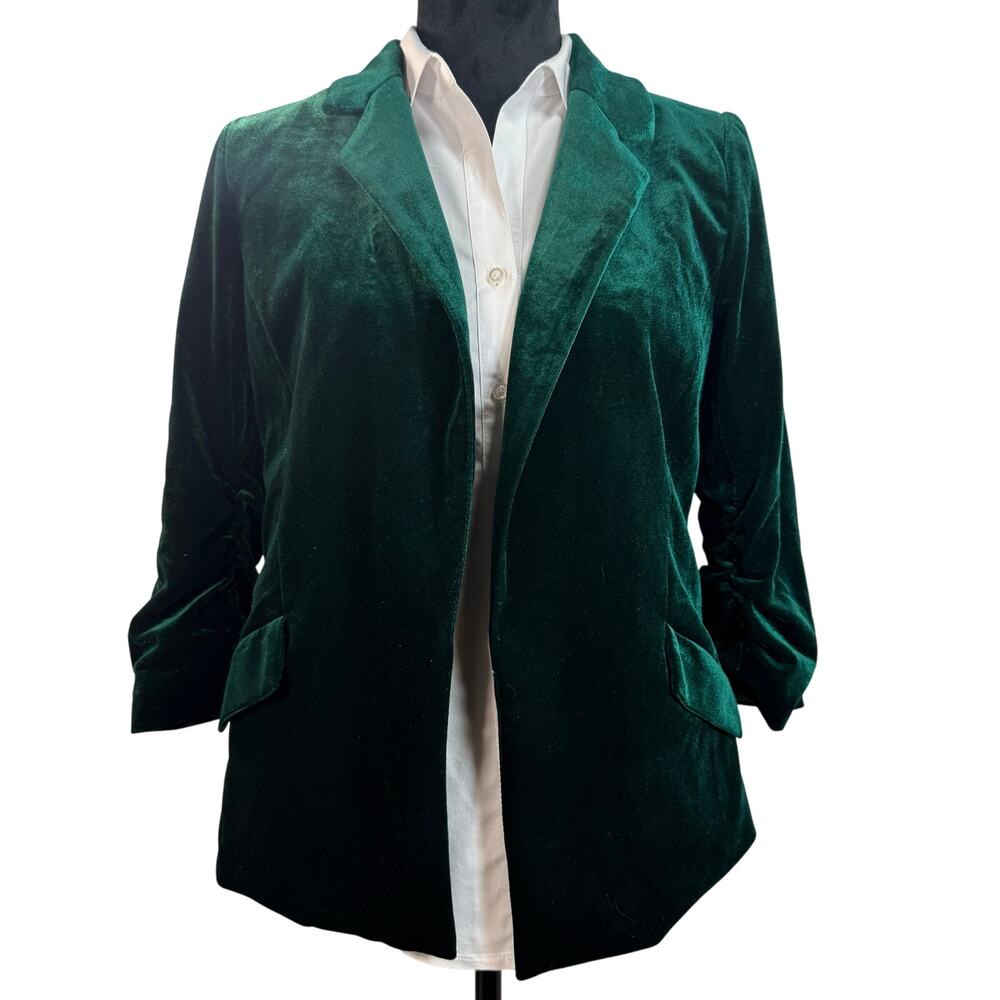 Women's XS Green Velour Blazer Jacket Soft Luxe Ruched Sleeves